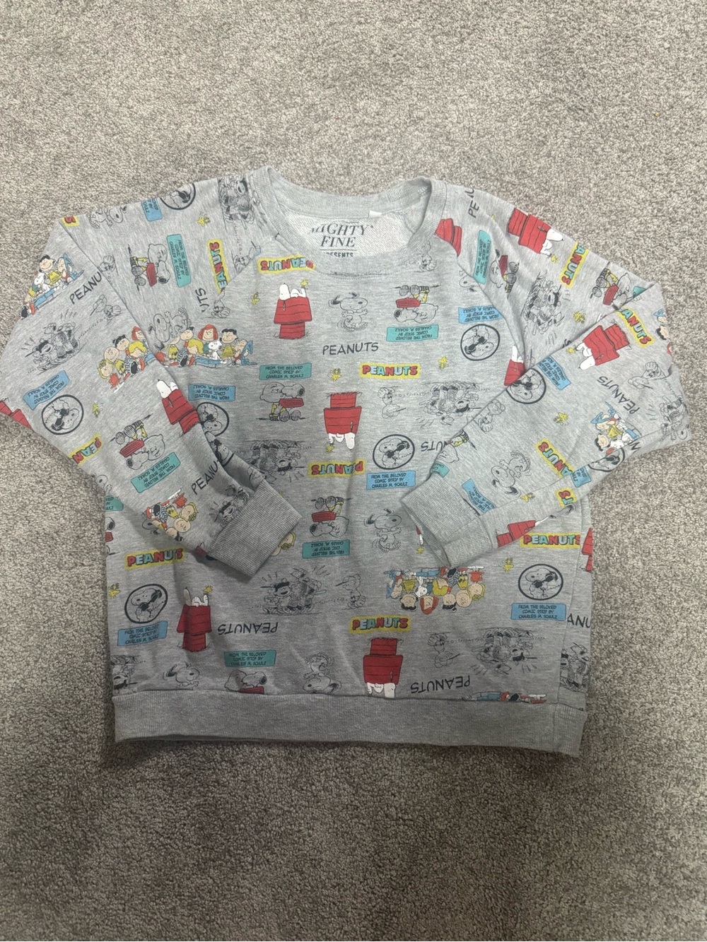 Mighty Fine Gray Peanuts Sweatshirt with Red and Blue Accents